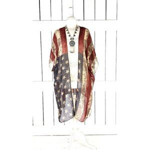 USA Patriotic American flag sheer gauzy kimono cardigan cover up